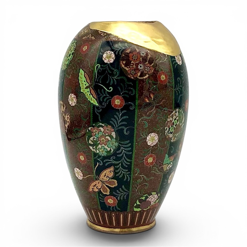 Antique Japanese Meiji Cloisonne Goldstone Vase Fine Kintsugi Art Repair